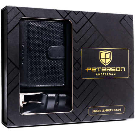 Geschenkset: vertikale Herren-Geldbörse aus Leder in Schwarz und schwarzer Gürtel aus Öko-Leder - Peterson