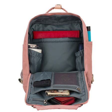 Rosa-grauer Damenrucksack aus Polyester und Öko-Leder, mit einem Fach - Peterson