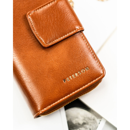 Braune, vertikale Damen Geldbörse aus Öko-Leder mit Druckknopf- und Reißverschluss – Peterson