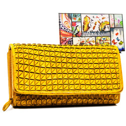 Senfgelbe Damen Geldbörse mit geometrischem Muster aus Echtleder – Rovicky
