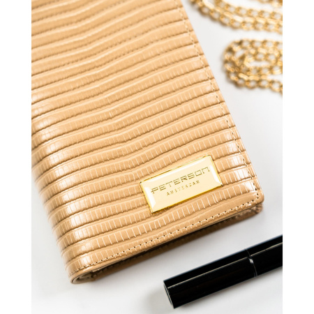 Beige Damen-Geldbörse aus Leder mit Magnet- und Reißverschluss, verziert mit einem Geflecht – Peterson