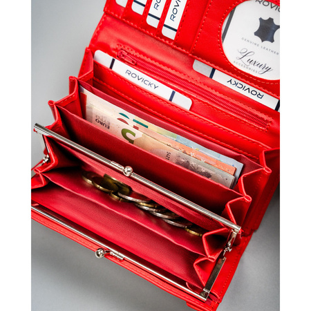 Große Damen-Geldbörse aus Öko-Leder in Rot mit Außenfach, mit Druckknopf verschließbar - 4U Cavaldi