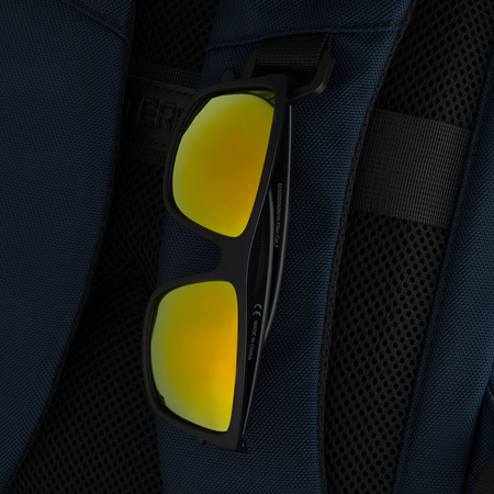 Dunkelblauer Reise-Rucksack aus Polyester mit Laptopfach, aufgehängt an verstellbaren Schultergurten – Peterson