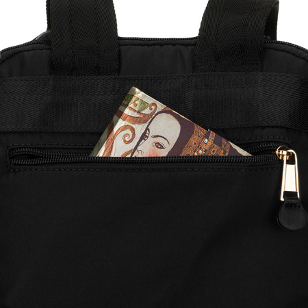 Damen-Rucksack aus schwarzem Nylon mit einem Riemen zur Befestigung am Koffer – Peterson