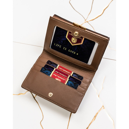 Mittelgroße Damen-Geldbörse aus Natur- und Öko-Leder in brauner Farbe, mit Bügel und Druckknopf verschließbar – Peterson