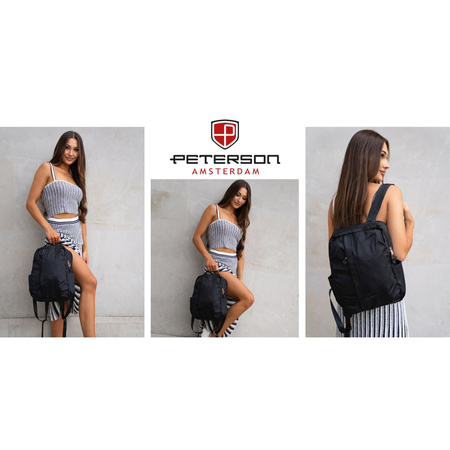 Damen-Rucksack aus schwarzem Nylon mit einem Riemen zur Befestigung am Koffer – Peterson