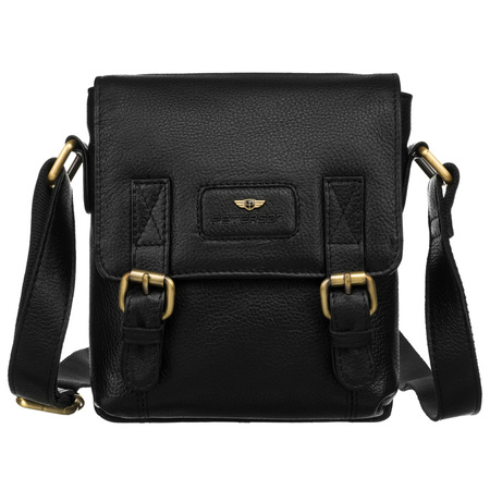 Schwarze Herren-Umhängetasche aus Naturleder mit Reißverschluss und Druckknöpfen - Peterson