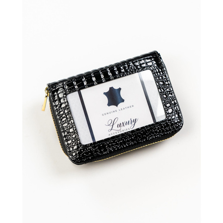 Damen-Geldbörse aus Leder in Schwarz mit Reißverschluss und Druckknopf – Rovicky