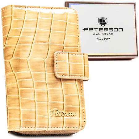 Beige Damen-Geldbörse aus Öko-Leder mit Krokodilhaut-Prägung, mit Druckknopf und Reißverschluss verschließbar - Peterson