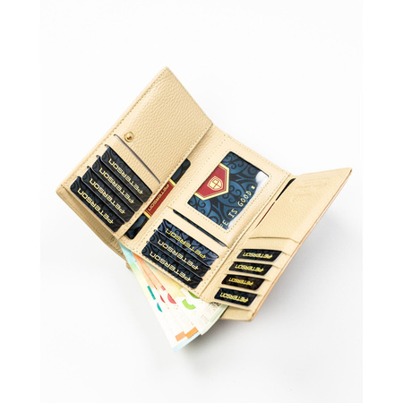 Beige Damen-Geldbörse aus Natur- und Öko-Leder mit Pflanzenmuster, verschließbar mit Bügel und Druckknopf - Peterson