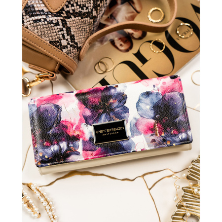 Damen-Geldbörse mit Blumenmuster aus Natur- und Öko-Leder, mit Druckknopfverschluss – Peterson