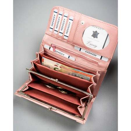 Rosa, große Damen-Geldbörse aus Öko-Leder mit Außenfach, mit Druckknopf verschließbar - 4U Cavaldi