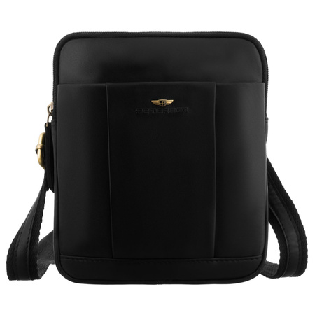 Zweifach unterteilte, schwarze Herren-Umhängetasche aus Naturleder, aufgehängt an einem verstellbaren Gürtel – Peterson