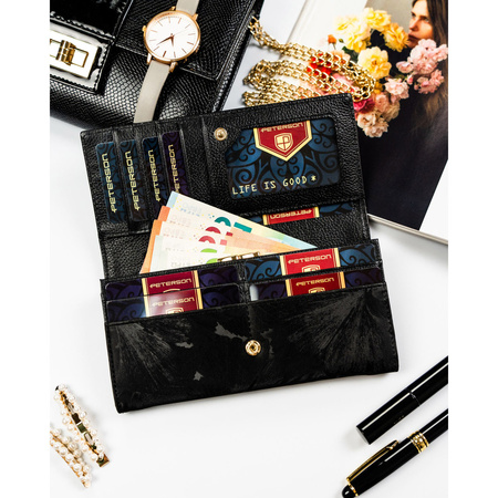 Große Damen-Geldbörse aus Natur- und Öko-Leder in Schwarz, mit Druckknopfverschluss – Peterson