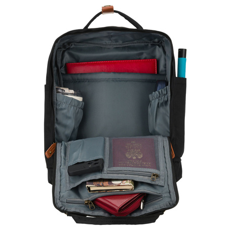 Schwarz-brauner, großer Damen-Rucksack aus Polyester und Öko-Leder - Peterson