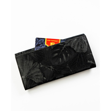 Große Damen-Geldbörse aus Natur- und Öko-Leder in Schwarz, mit Druckknopfverschluss – Peterson