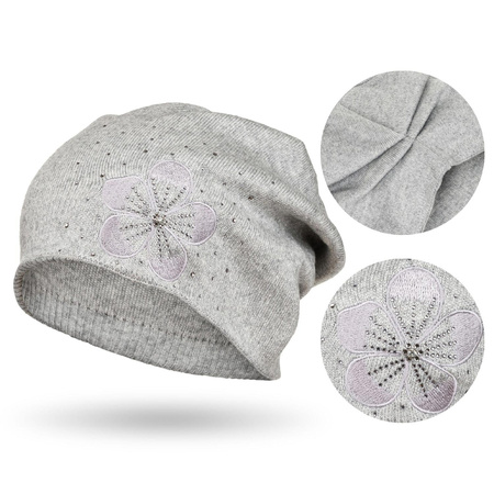 Graue Mütze mit Blumenstickerei und Kristallen – Peterson