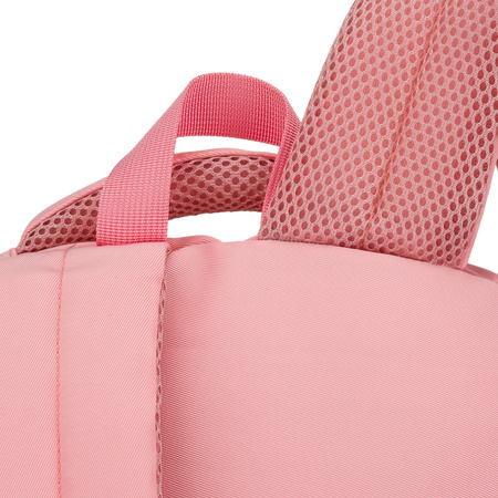 Modischer Schulrucksack aus Polyester in Rosa, an verstellbaren Trägern hängend - Peterson