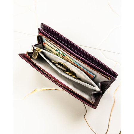 Damen-Geldbörse aus Natur- und Öko-Leder in violetter Farbe, mit Magnet und Reißverschluss verschließbar - Peterson