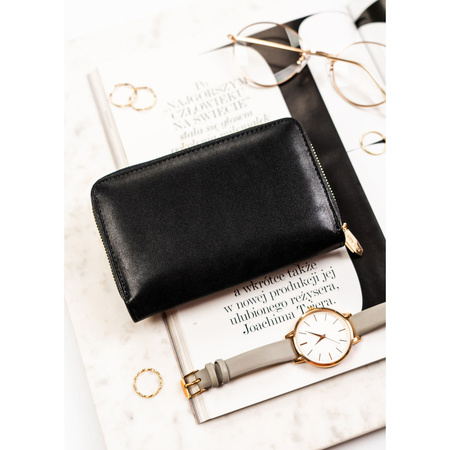 Mittelgroße Damen-Geldbörse aus Öko-Leder in Schwarz, Modell mit Platz für die Zulassungsbescheinigung - Rovicky