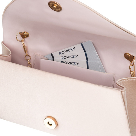 Elegante Damen-Clutch in Beige aus Synthetikstoff und an einer Kette hängend - Rovicky