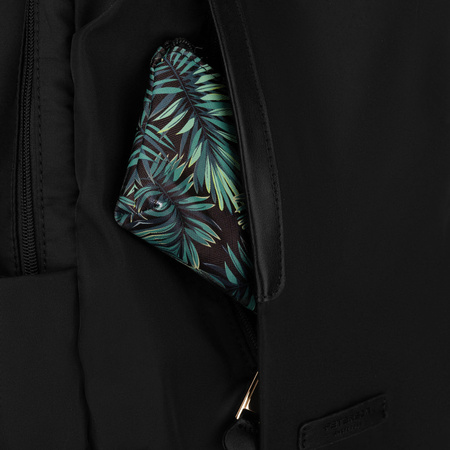 Damen-Rucksack aus schwarzem Nylon mit einem Riemen zur Befestigung am Koffer – Peterson