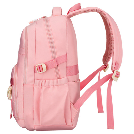Modischer Schulrucksack aus Polyester in Rosa, an verstellbaren Trägern hängend - Peterson
