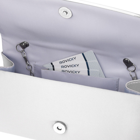 Damen-Clutch aus Leder in Silberfarbe, an einer silbernen Kette hängend - Rovicky