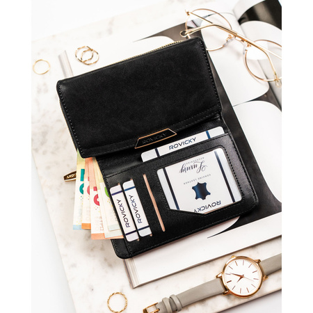Mittelgroße Damen-Geldbörse aus Öko-Leder in Schwarz, Modell mit Platz für die Zulassungsbescheinigung - Rovicky
