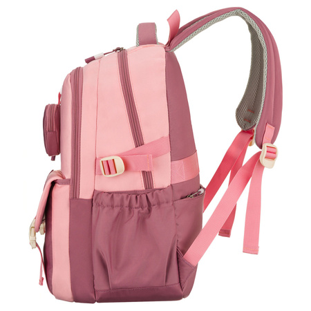 Geräumiger Schulrucksack aus Polyester in Rosa, aufgehängt an verstellbaren Trägern – Peterson