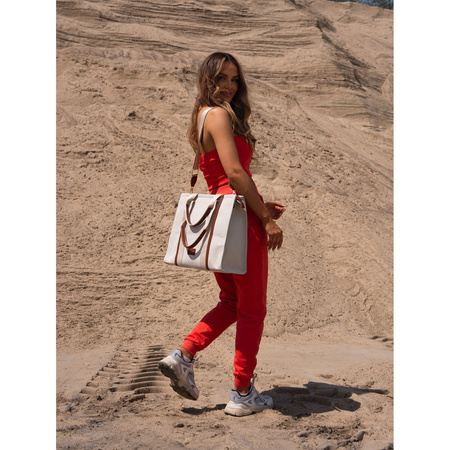 Modische Damen Shopper Tasche in Braun-Beige mit verstellbarem Gurt – Peterson