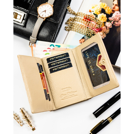 Beige Damen-Geldbörse aus Natur- und Öko-Leder mit Pflanzenmuster – Peterson