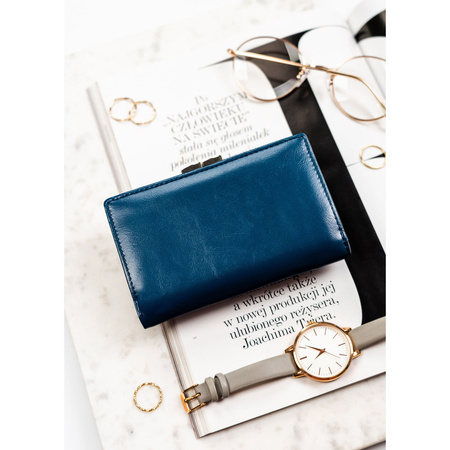 Damen-Geldbörse aus echtem Leder und Öko-Leder in Marineblau mit Druckknopfverschluss und Börsenverschluss - Peterson