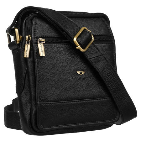 Schwarze Herren-Umhängetasche mit zwei Fächern aus Leder, aufgehängt an einem verstellbaren Gürtel – Peterson