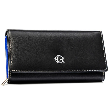 Große, schwarze Damen Geldbörse aus Leder mit Druckknopf – Rovicky