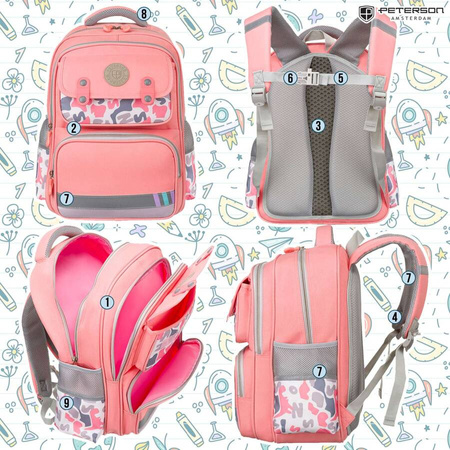 Rosa Schulrucksack aus atmungsaktivem Polyester mit Brustgurt – Peterson