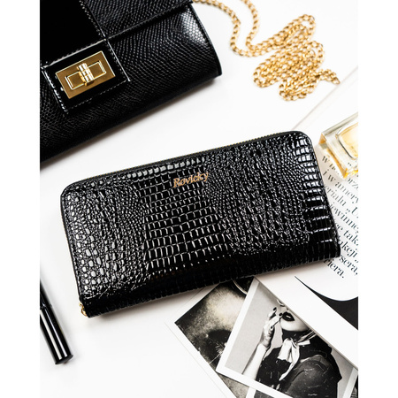 Lackierte Federmappen-Geldbörse aus echtem Leder in Schwarz mit Reißverschluss - Rovicky