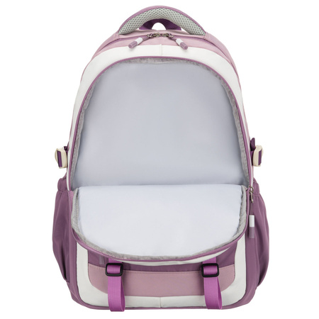 Weicher Schulrucksack aus Polyester in weiß-lila Farbe, aufgehängt an verstellbaren Trägern - Peterson