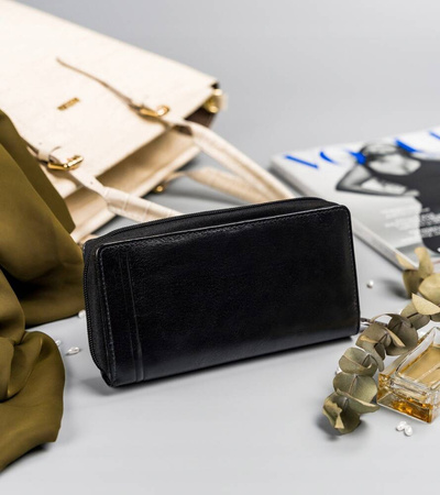 Große Damen Geldbörse aus Leder mit Reißverschluss und Druckknopf – Rovicky