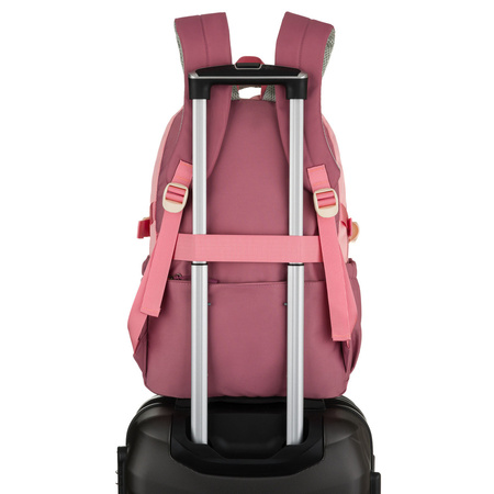 Geräumiger Schulrucksack aus Polyester in Rosa, aufgehängt an verstellbaren Trägern – Peterson