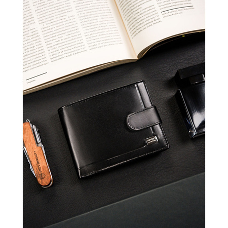 Herren Geldbörse aus schwarzem Leder mit Druckknopf – Rovicky