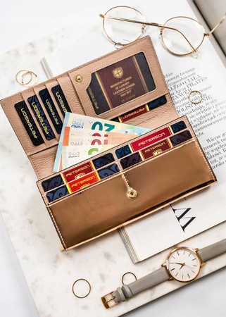 Schwarz-goldene Damen Geldbörse aus echtem Leder mit lackierter Klappe – Peterson