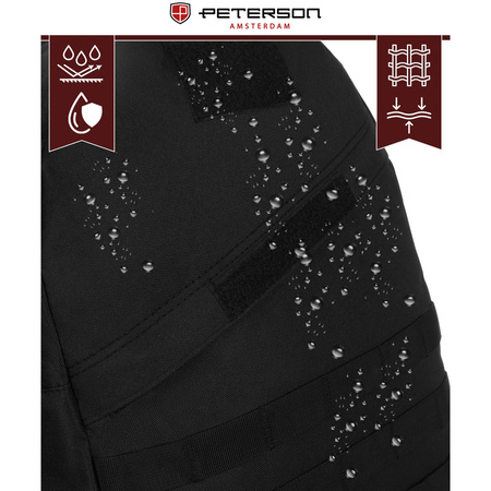 Peterson – Schwarzer Militärrucksack, dreifach unterteilt, an verstellbaren Trägern aufgehängt