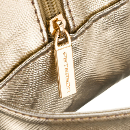 Goldene Kosmetiktasche aus synthetischem Gewebe, ausgestattet mit einem bequemen Griff und einem transparenten Fach – Peterson