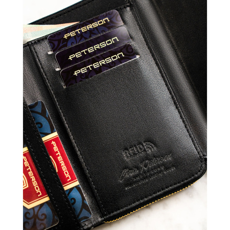 Damen-Geldbörse aus Öko-Leder, schwarz, querformatig, mit Druckknopfverschluss – Peterson