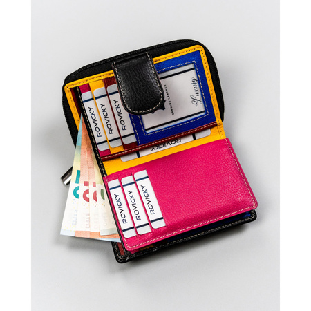 Stilvolle, schwarze Damen Geldbörse aus Leder mit Druckknopf und Reißverschluss – Rovicky