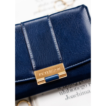 Damen-Geldbörse aus Öko-Leder, horizontal, dunkelblau, mit Druckknopfverschluss – Peterson