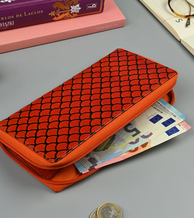 Portemonnaie Damen im Federmäppchen-Stil mit geprägter Struktur, Echtleder