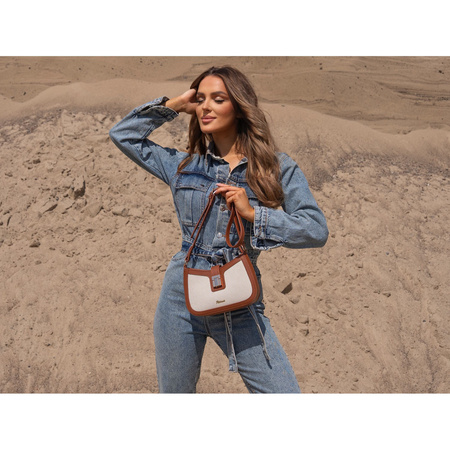 Damen Umhängetasche in Beige-Braun aus Echtleder und Polyamid-Canvas – Peterson