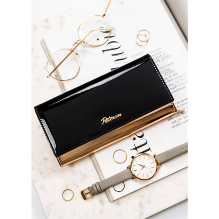 Schwarz-goldene Damen Geldbörse aus echtem Leder mit lackierter Klappe – Peterson